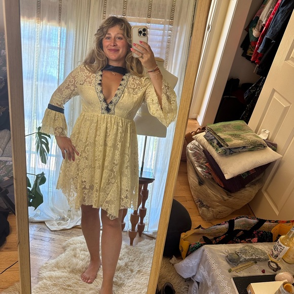 NWOT Free People Ivory Gilded Lace Mini Dress - Picture 3 of 7